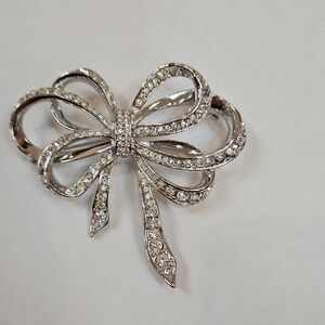 Kenneth Jay Lane Silver Hued and Crystal Bow Brooch